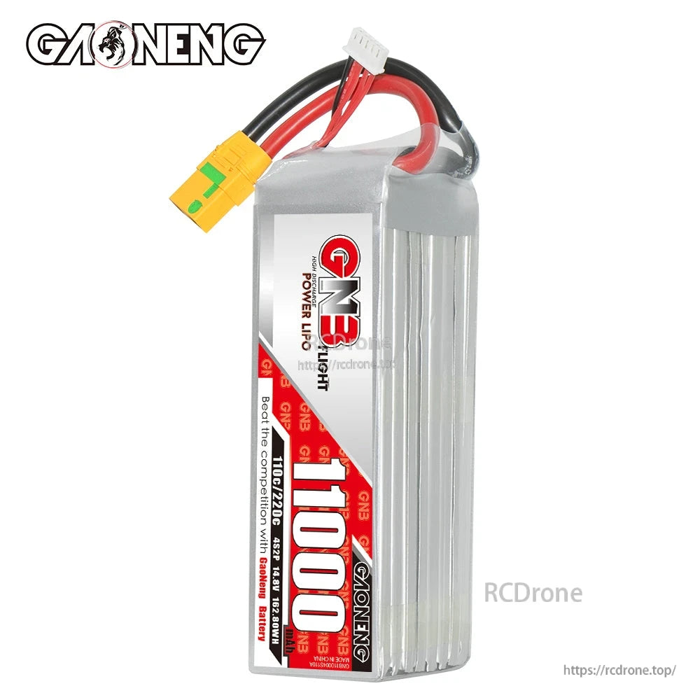 GAONENG GNB 11000mAh battery standing side view showing thickness, top wiring exit and XT90S connector