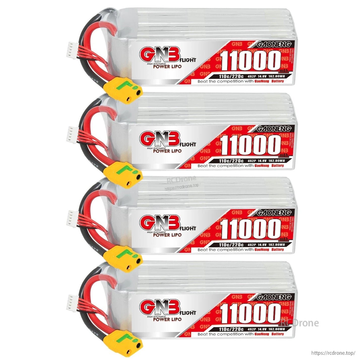 Four GAONENG GNB 11000mAh LiPo batteries arranged vertically, each with XT90S anti-spark connector