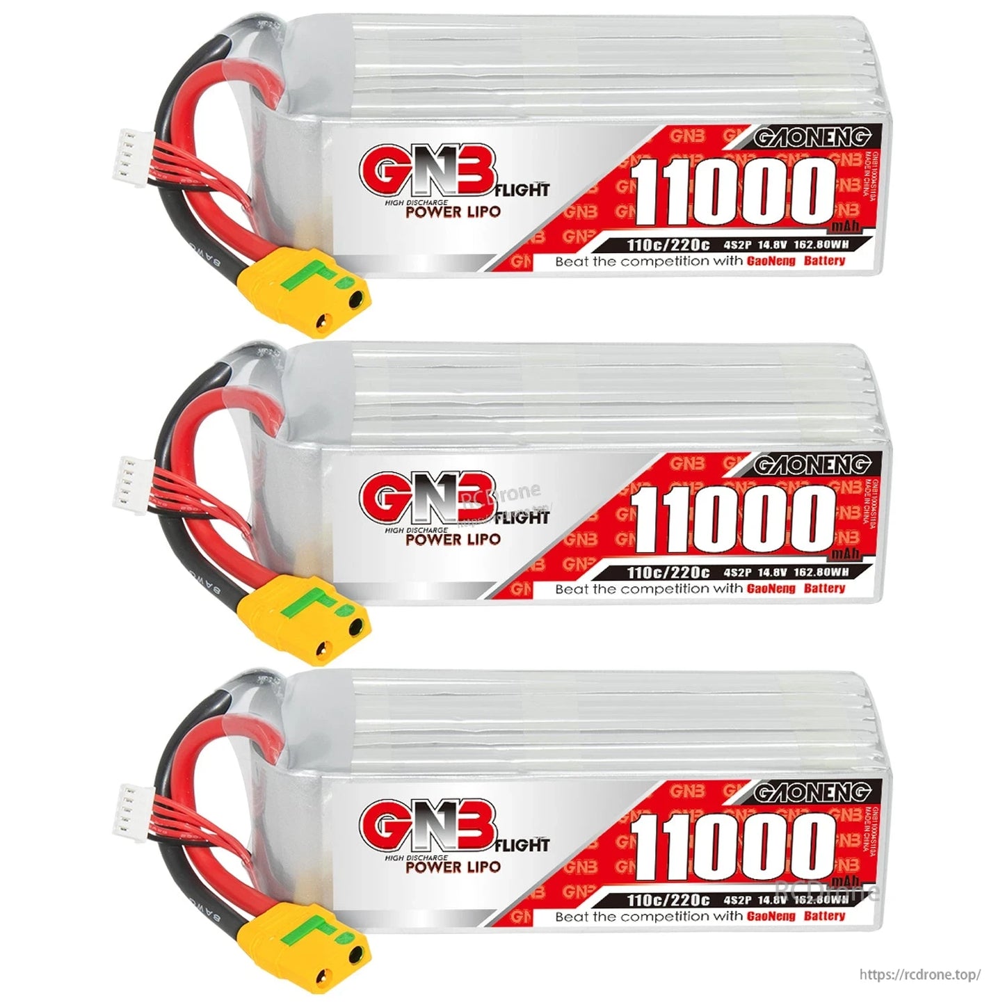 Three GAONENG GNB 11000mAh LiPo batteries shown in a stack, connector side view