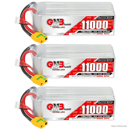Three GAONENG GNB 11000mAh LiPo batteries shown in a stack, connector side view