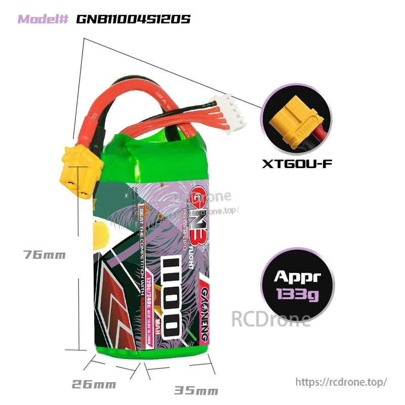 Battery dimensions diagram (approx 76×35×26mm) with XT60U-F connector callout and approx 133g