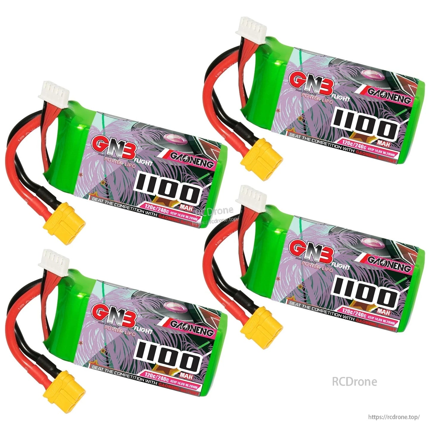 Four GAONENG GNB 1100mAh 4S LiPo packs arranged in a set, XT60 connectors facing outward