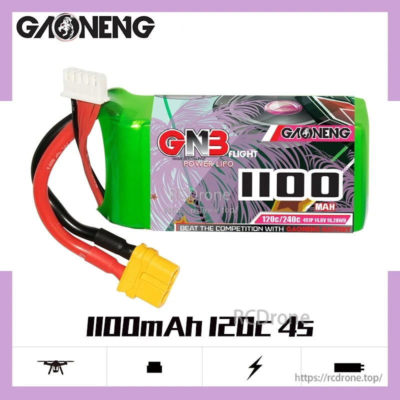 GAONENG GNB 1100mAh 120C 4S LiPo battery pack, front label view with XT60 lead