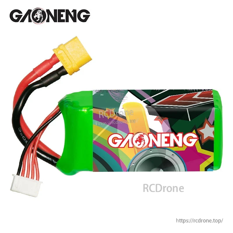 Rear/side view of GAONENG LiPo pack showing wrap design, XT60 power lead and balance connector