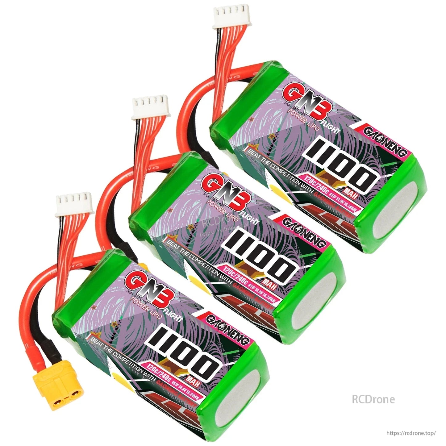 Three GNB 1100mAh 4S LiPo batteries grouped together, showing front labels and balance leads