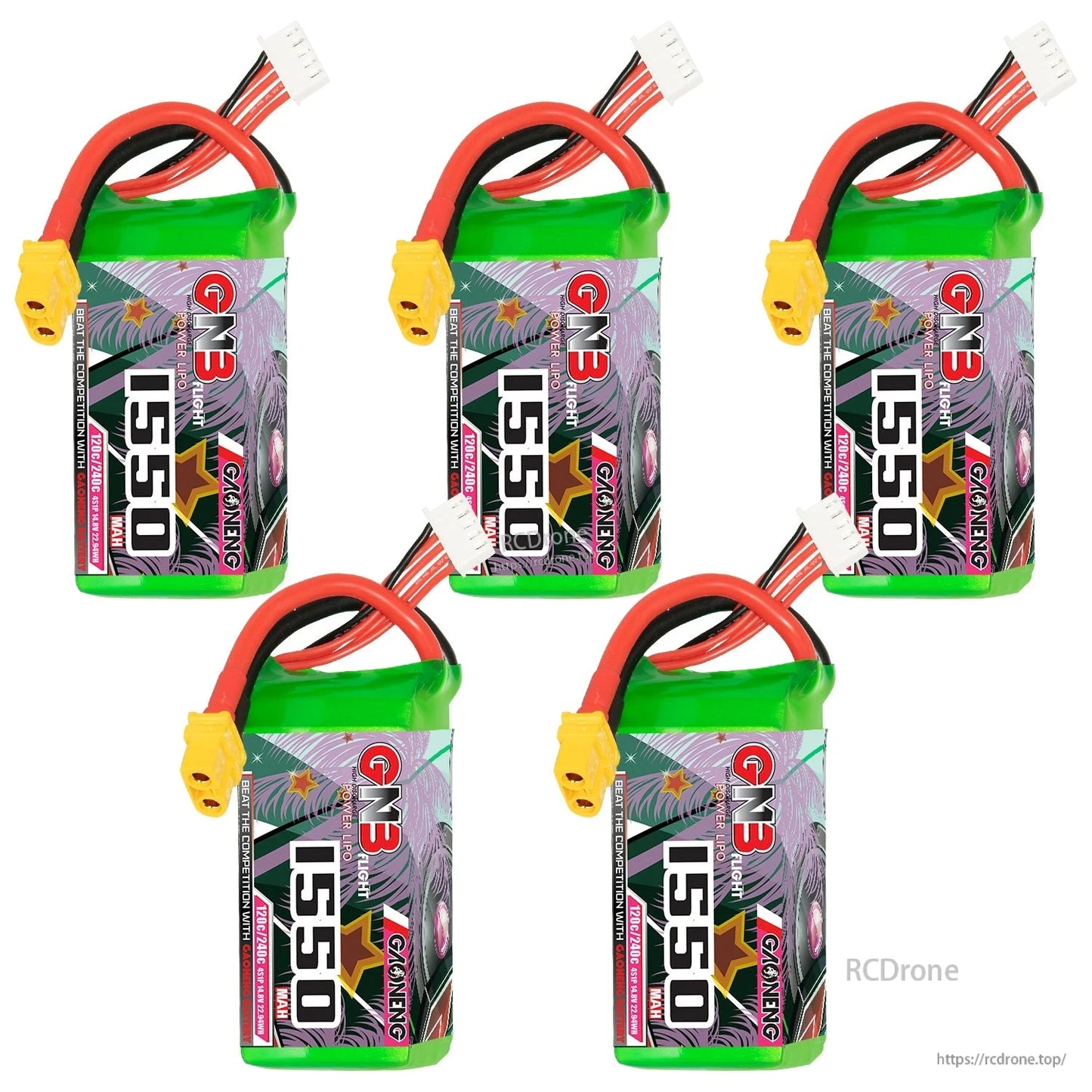 Five GAONENG GNB 1550mAh batteries set shown together, upright orientation with cables on top