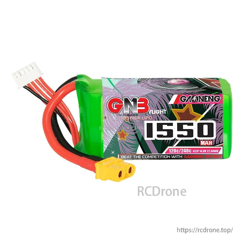 Single GNB 4S 1550mAh 120C LiPo battery front label with XT60 plug and white balance connector