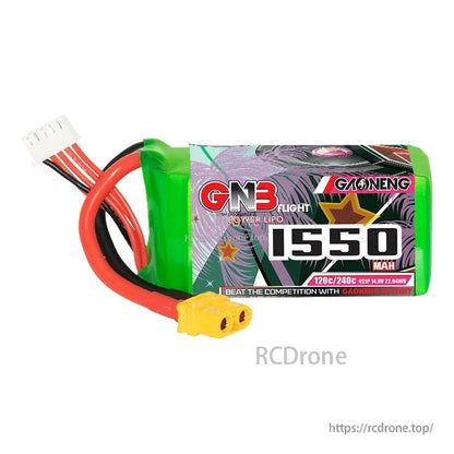Single GNB 4S 1550mAh 120C LiPo battery front label with XT60 plug and white balance connector