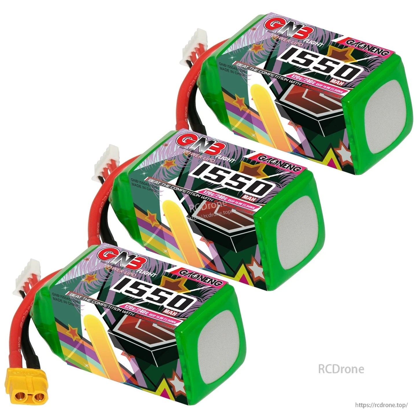 Three GAONENG GNB 1550mAh batteries grouped, angled view with green shrink wrap end caps