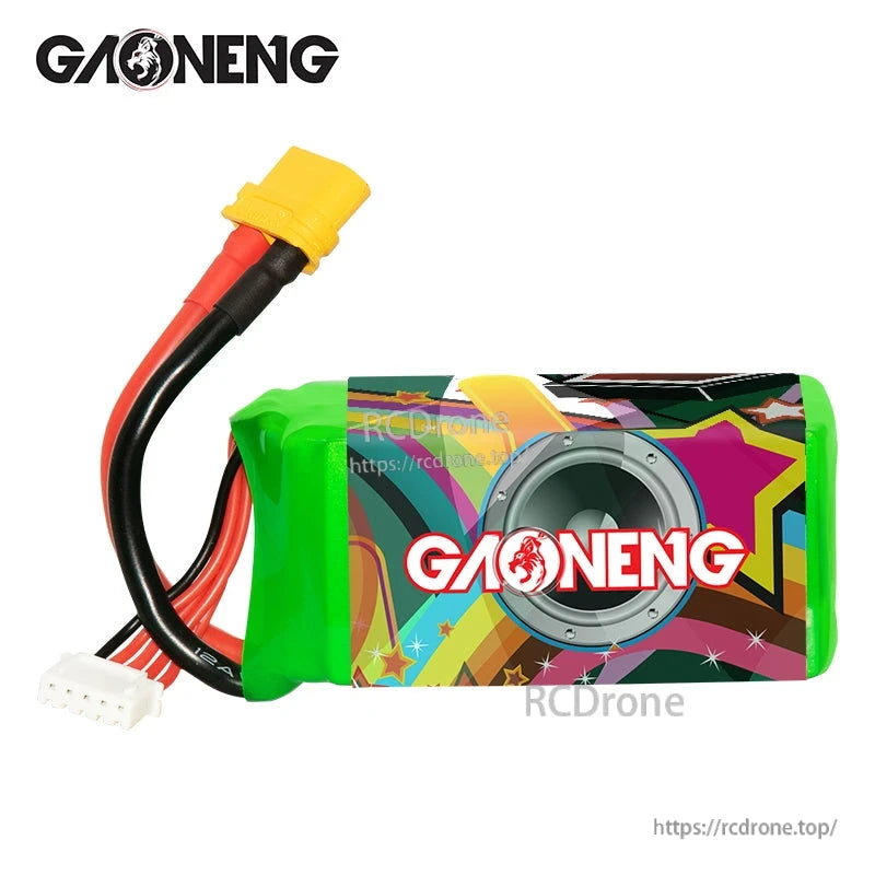GAONENG GNB battery side view showing GAONENG logo wrap and balance lead plus XT60 connector
