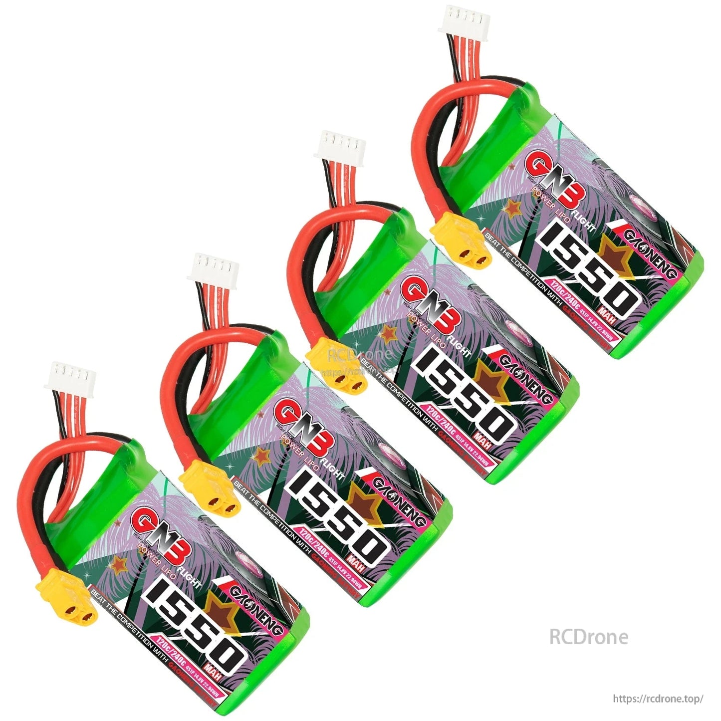 Four GNB 1550mAh LiPo batteries arranged diagonally, each with XT60 power lead and balance plug