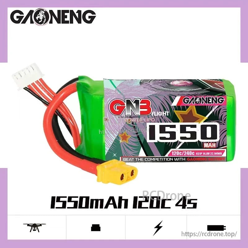 GAONENG GNB 1550mAh 120C 4S battery product graphic with specs text and icons