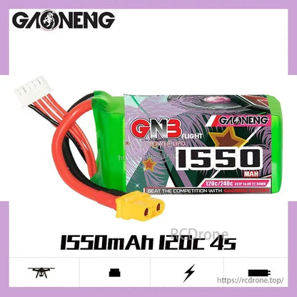 GAONENG GNB 1550mAh 120C 4S battery product graphic with specs text and icons