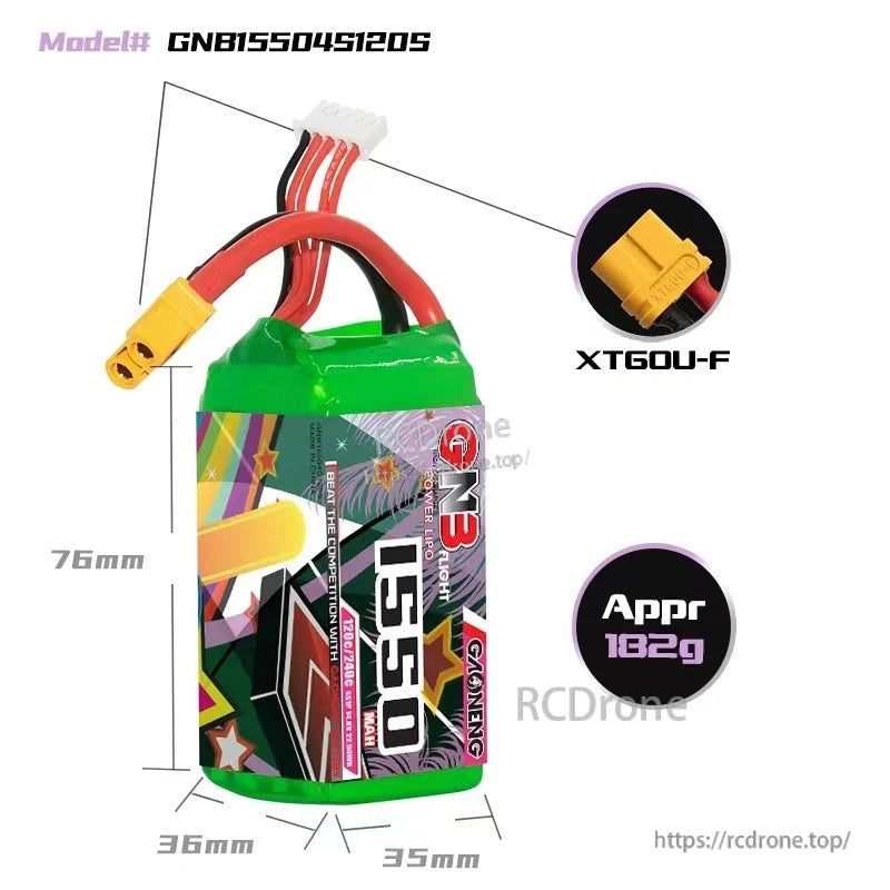 GNB15504S120S battery size diagram with dimensions, XT60U-F connector callout and approx 182g