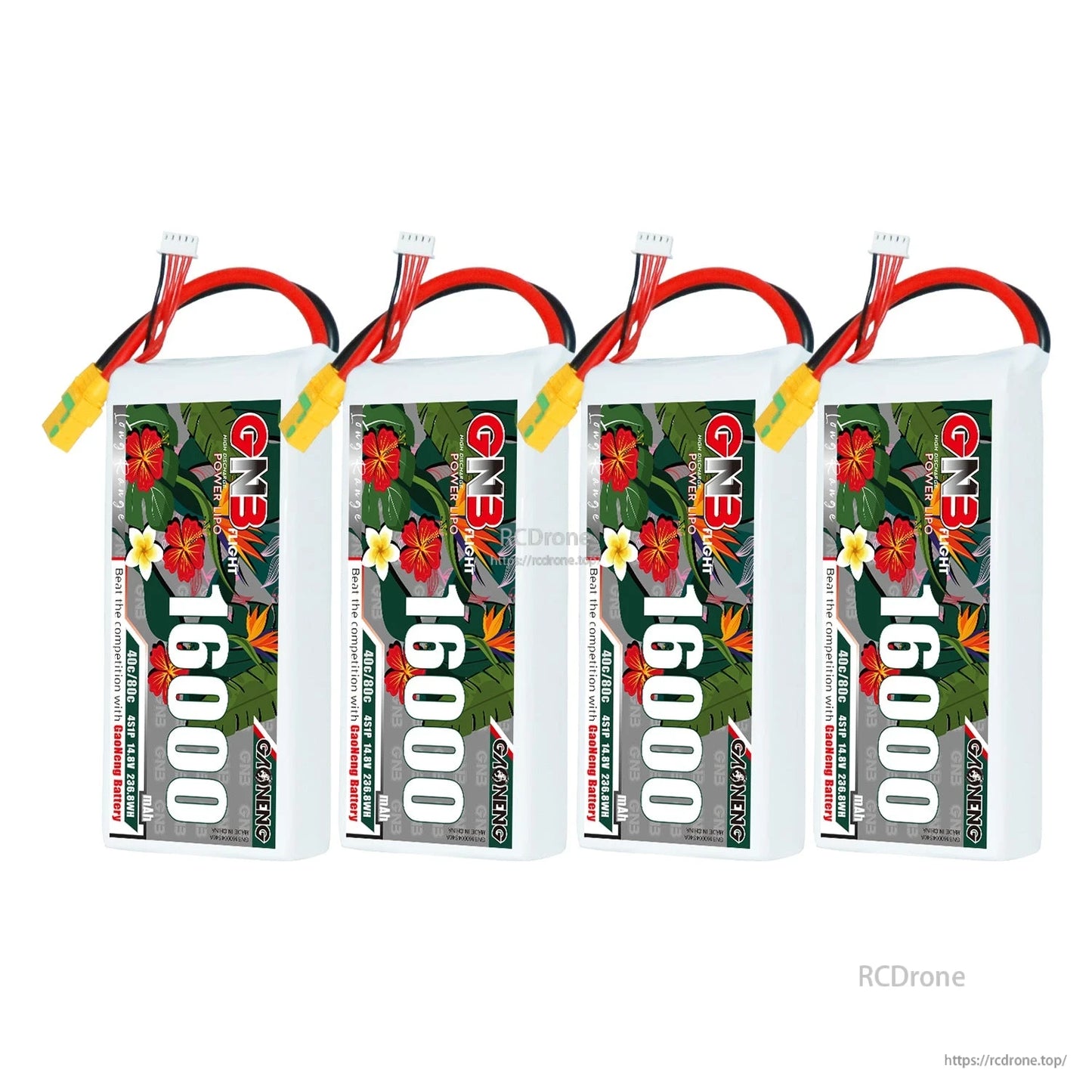 Four-pack of GNB 16000 LiPo batteries lined up, each with yellow connector and balance lead