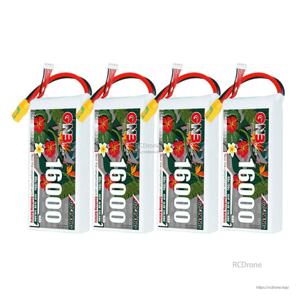 Four-pack of GNB 16000 LiPo batteries lined up, each with yellow connector and balance lead
