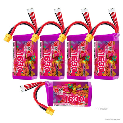 Bundle layout with four batteries plus one additional battery shown horizontally, all with XT60 leads