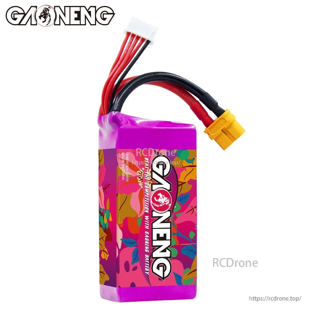 Opposite side view showing GAONENG logo on wrap with XT60 power lead and balance plug