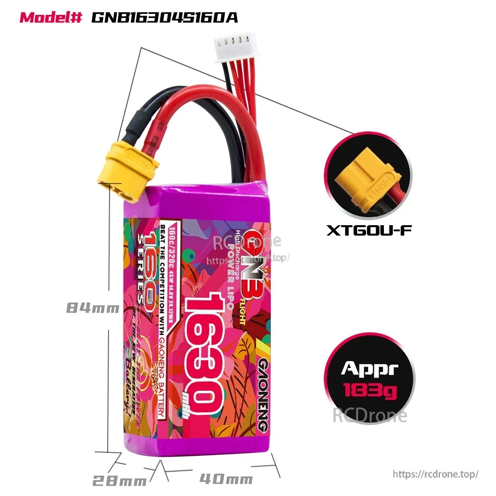 GNB16304S160A battery size diagram showing 84×40×28 mm, approx 183 g, XT60U-F connector