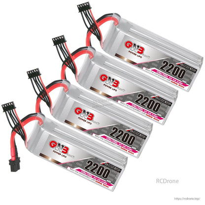 Four GNB 2200mAh LiPo batteries arranged diagonally with labels facing forward