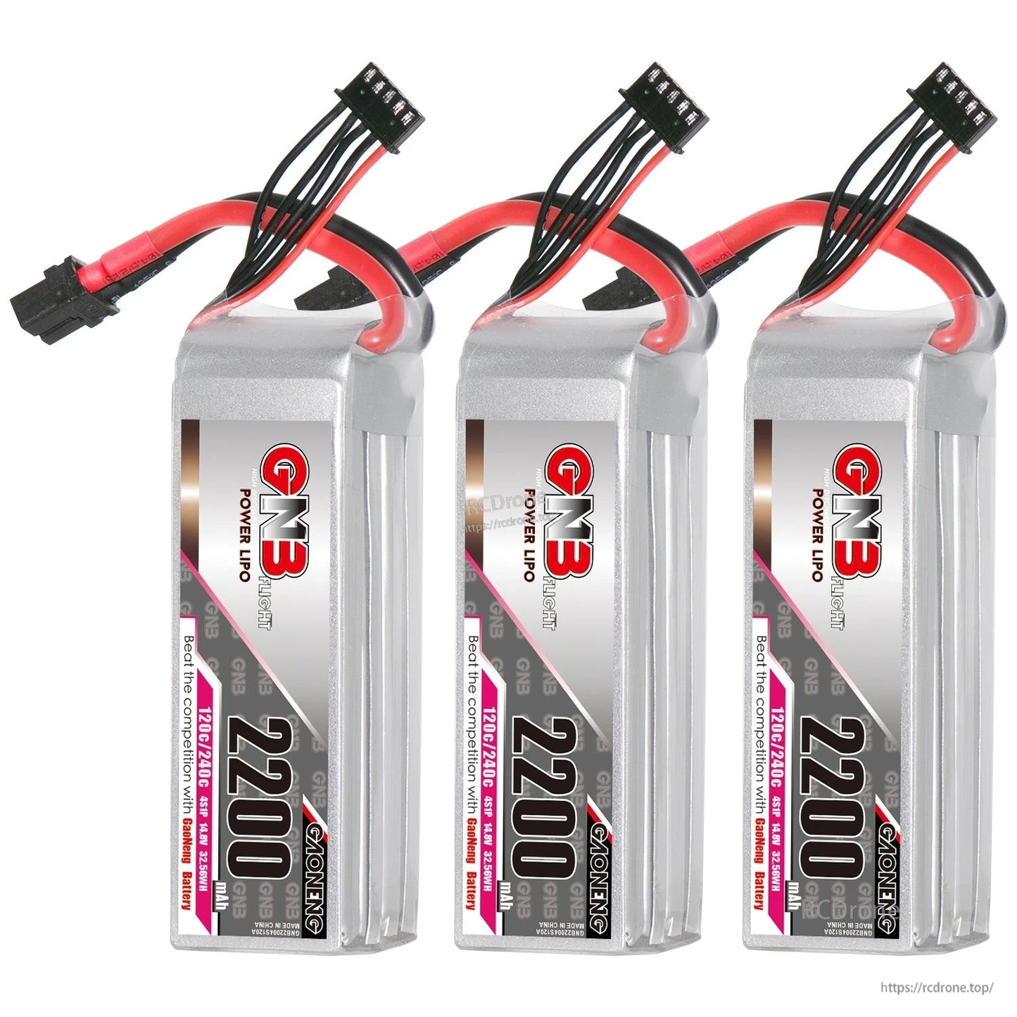 Three GAONENG GNB 4S 2200mAh LiPo batteries upright with front labels visible