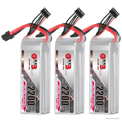 Three GAONENG GNB 4S 2200mAh LiPo batteries upright with front labels visible
