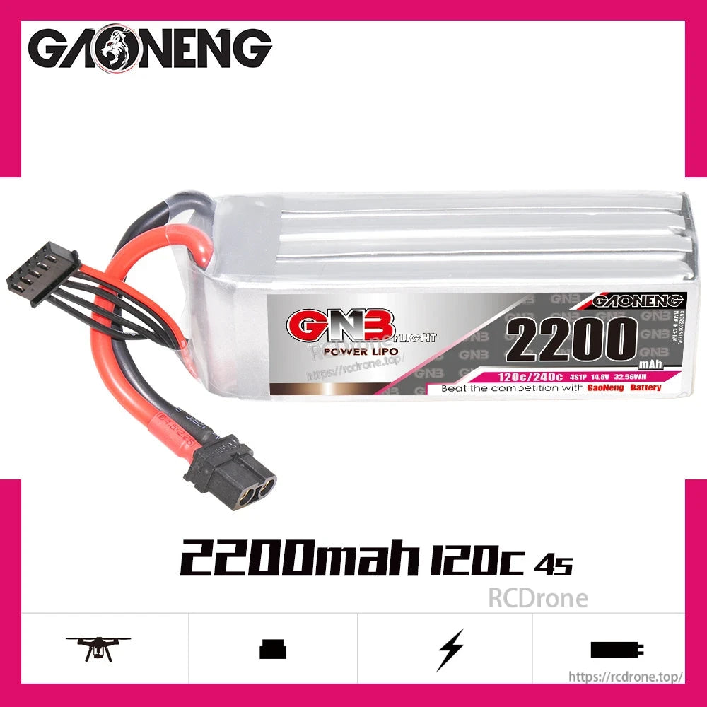 GAONENG GNB 2200mAh 120C 4S LiPo battery product graphic with XT60 plug and balance connector