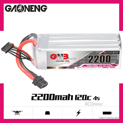 GAONENG GNB 2200mAh 120C 4S LiPo battery product graphic with XT60 plug and balance connector