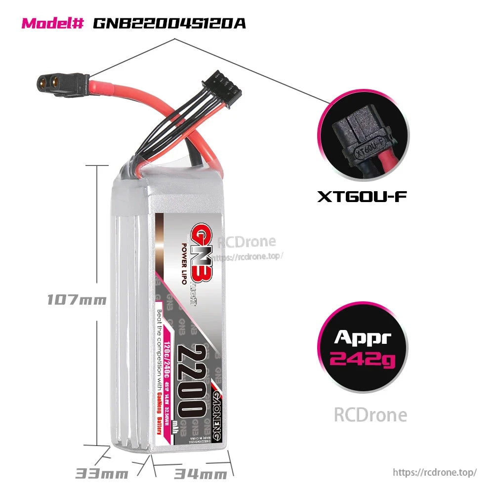 GNB22004S120A battery dimensions graphic with XT60U-F connector close-up and approx 242g weight