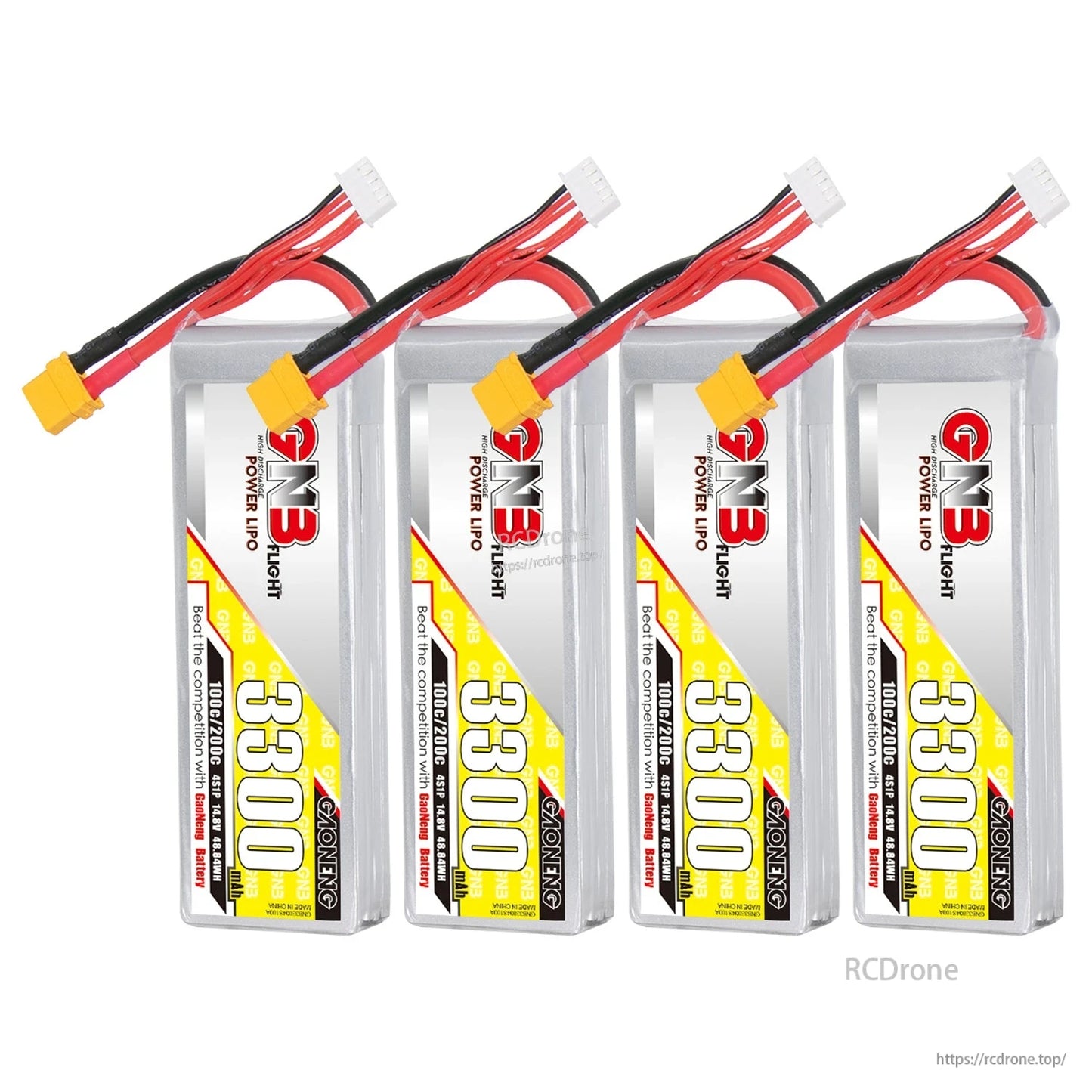 Four GNB 3300mAh LiPo batteries lined up, label side visible with XT60 connectors