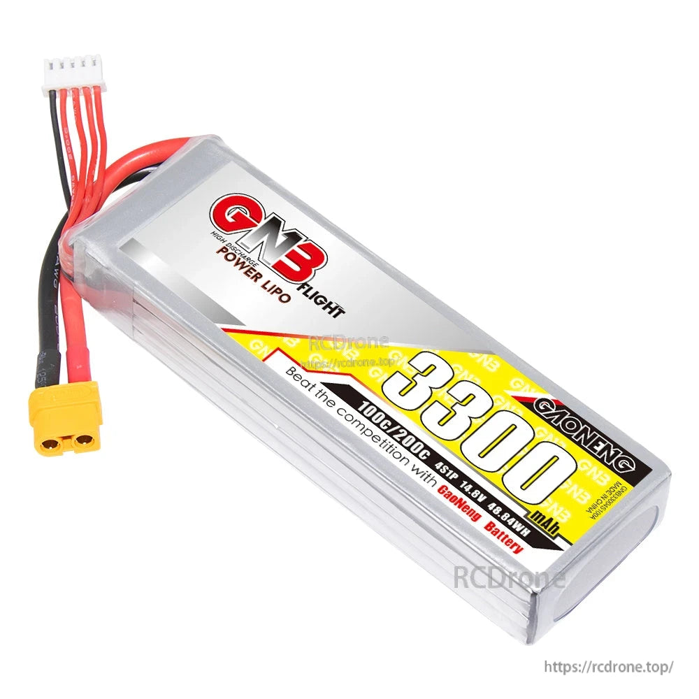 GNB 3300mAh 4S 100C LiPo battery angled label view showing wiring and XT60 connector