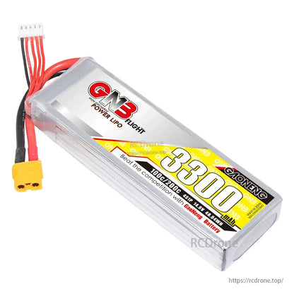 GNB 3300mAh 4S 100C LiPo battery angled label view showing wiring and XT60 connector