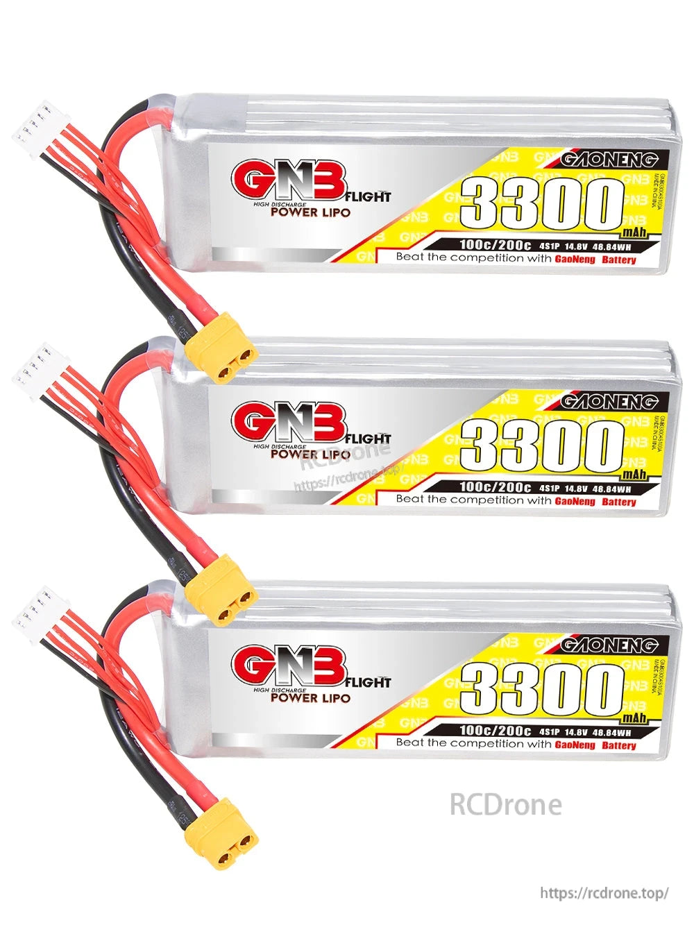 Three-pack display of GNB 3300mAh 4S LiPo batteries with labels and XT60 connectors