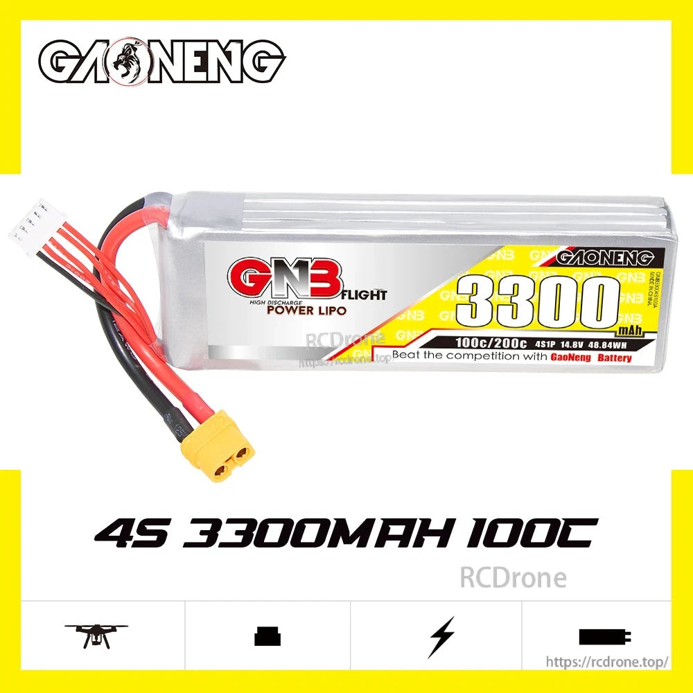 GAONENG GNB 4S 14.8V 3300mAh 100C LiPo battery horizontal view with 4S 3300mAh 100C text