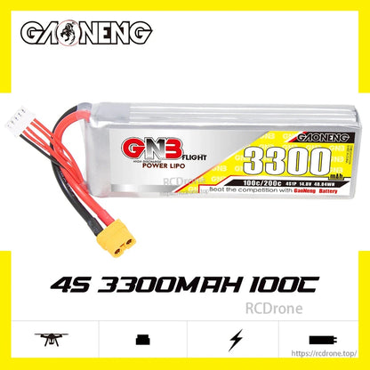 GAONENG GNB 4S 14.8V 3300mAh 100C LiPo battery horizontal view with 4S 3300mAh 100C text