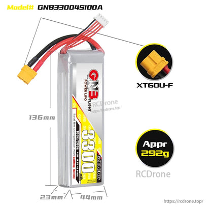 GNB33004S100A LiPo battery dimensions 136×44×23mm, XT60U-F connector close-up, approx 292g