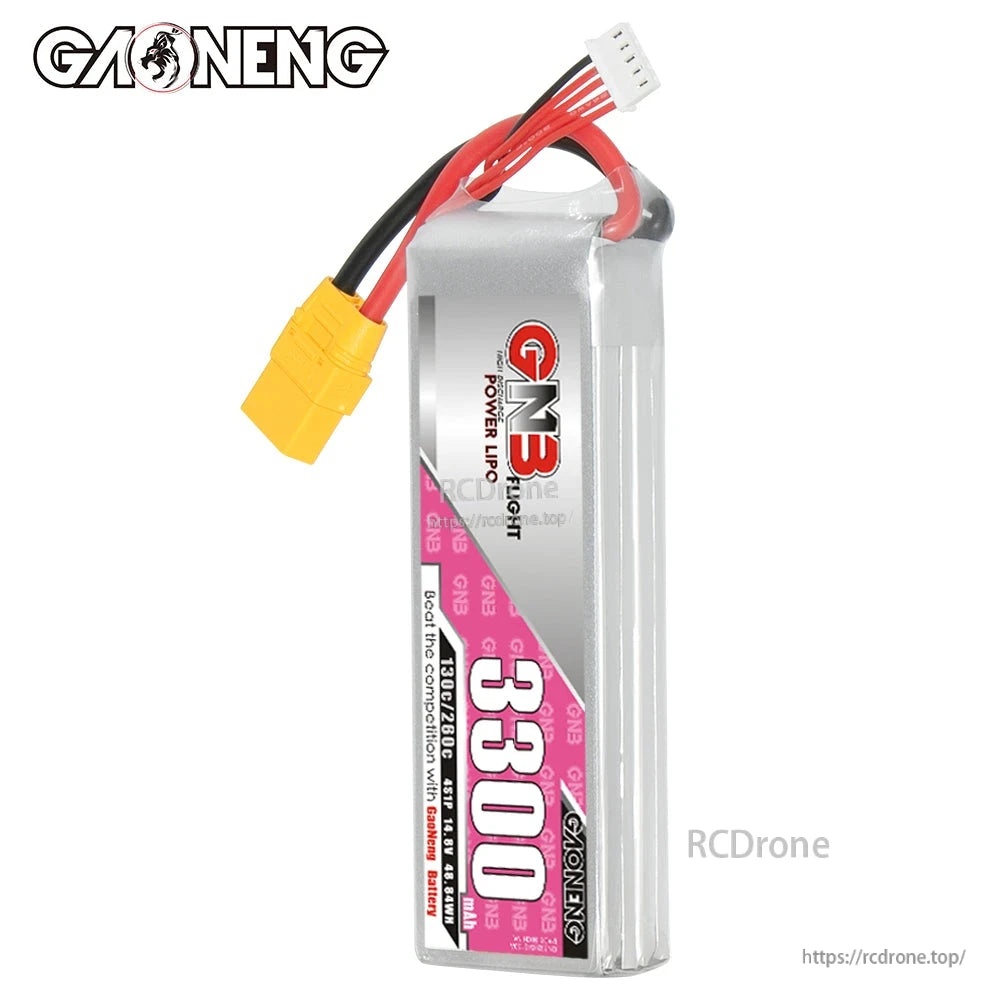 Side profile of GNB 3300mAh 4S LiPo battery showing thickness and wire exit