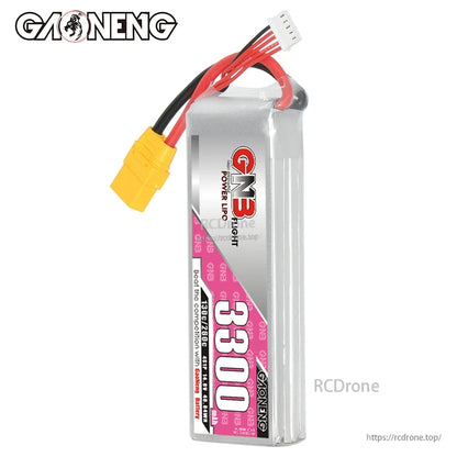 Side profile of GNB 3300mAh 4S LiPo battery showing thickness and wire exit