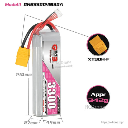 GNB33004S130A LiPo battery dimensions 140 x 44 x 27 mm with XT90H-F connector callout