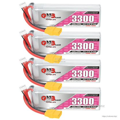 Four GNB 3300mAh 4S LiPo batteries stacked vertically with XT90 connectors