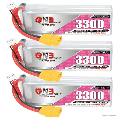 Three-pack set of GNB 3300mAh 4S LiPo batteries lined up with XT90 connectors