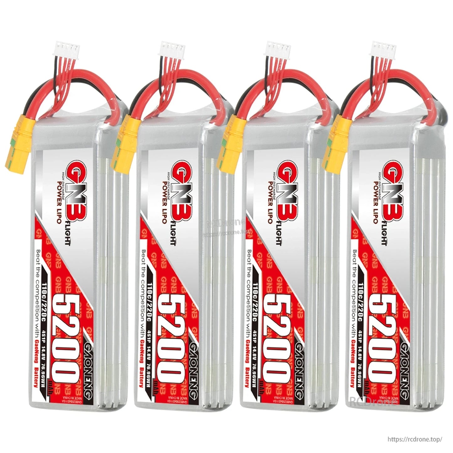 Four GNB 5200mAh LiPo batteries shown in a row, upright with XT90S connectors