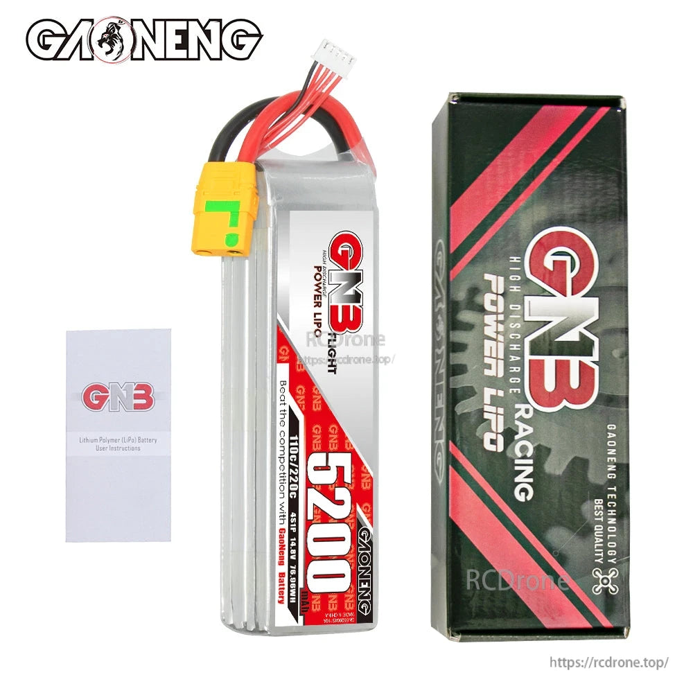 Package contents: GNB 5200mAh LiPo battery, retail box, and user leaflet card