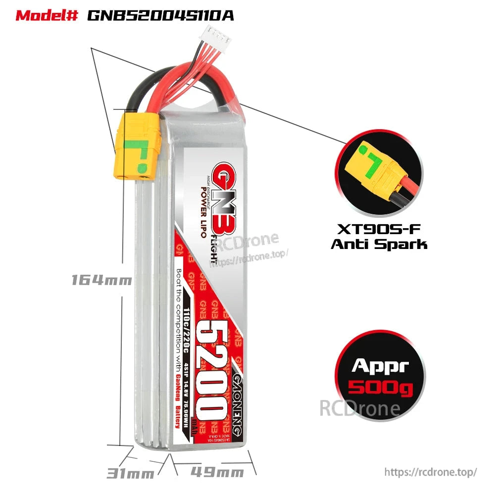 GNB52004S110A battery size and connector details: 164×49×31 mm, XT90S-F anti-spark, appx 500g