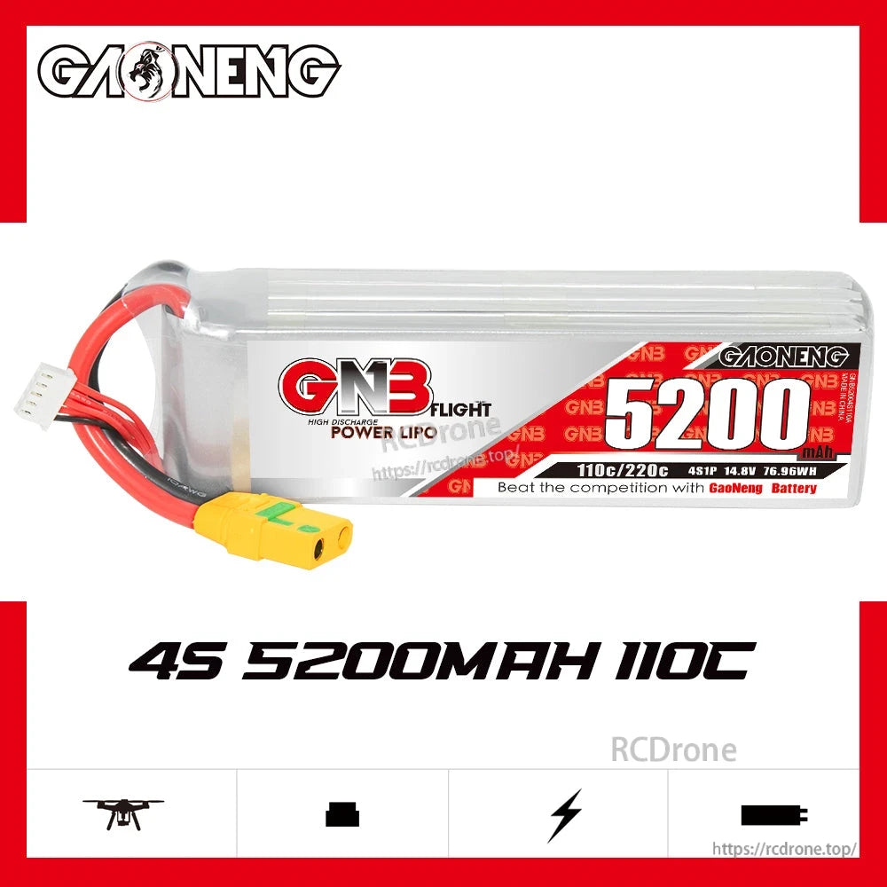 GAONENG GNB 4S 14.8V 5200mAh 110C LiPo Battery label view with XT90S connector