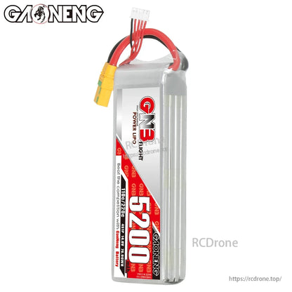 Upright side profile of GNB 5200mAh LiPo pack showing thickness, wiring, and connector end