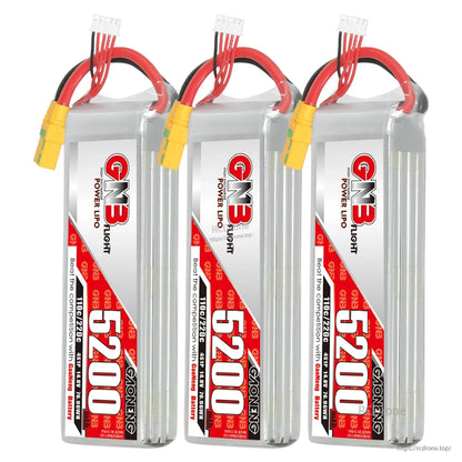 Three GNB 5200mAh LiPo batteries grouped together, upright with connectors visible