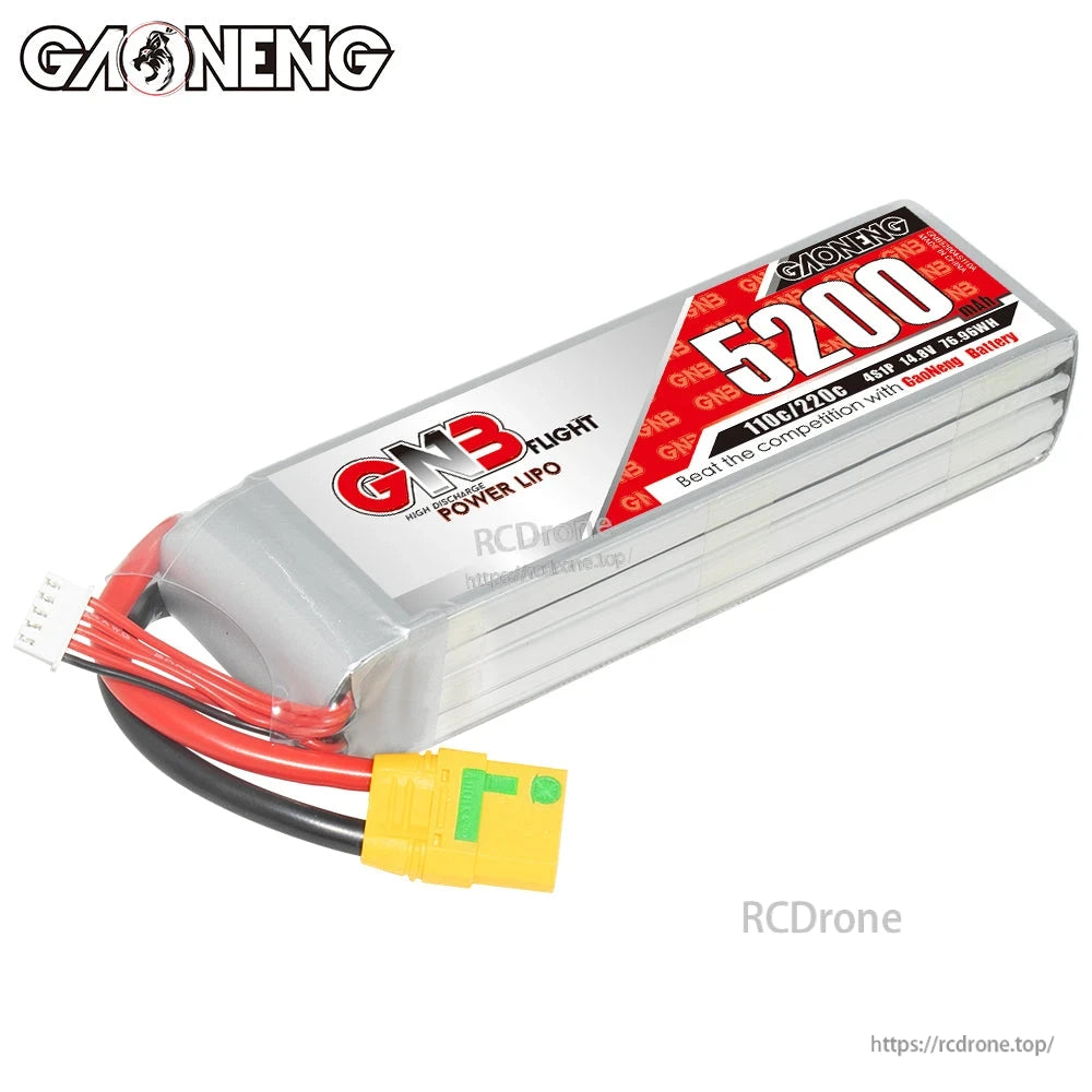 Angled top view of GNB 5200mAh 4S LiPo pack with XT90S plug and balance connector