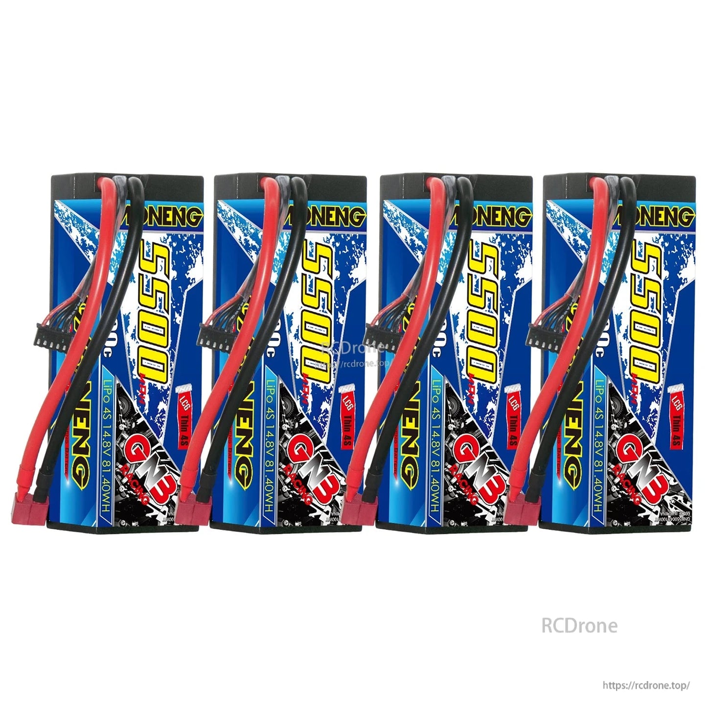 Four GAONENG GNB 5500mAh 4S hard case LiPo batteries lined up vertically with leads visible