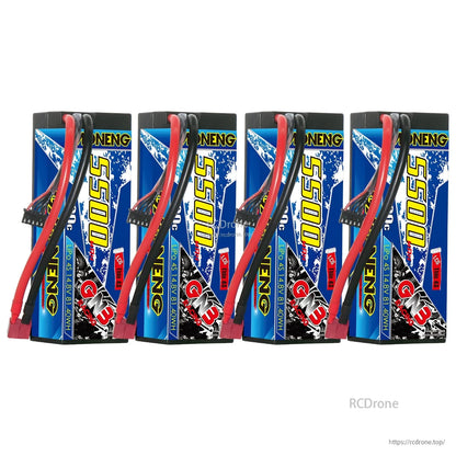 Four GAONENG GNB 5500mAh 4S hard case LiPo batteries lined up vertically with leads visible